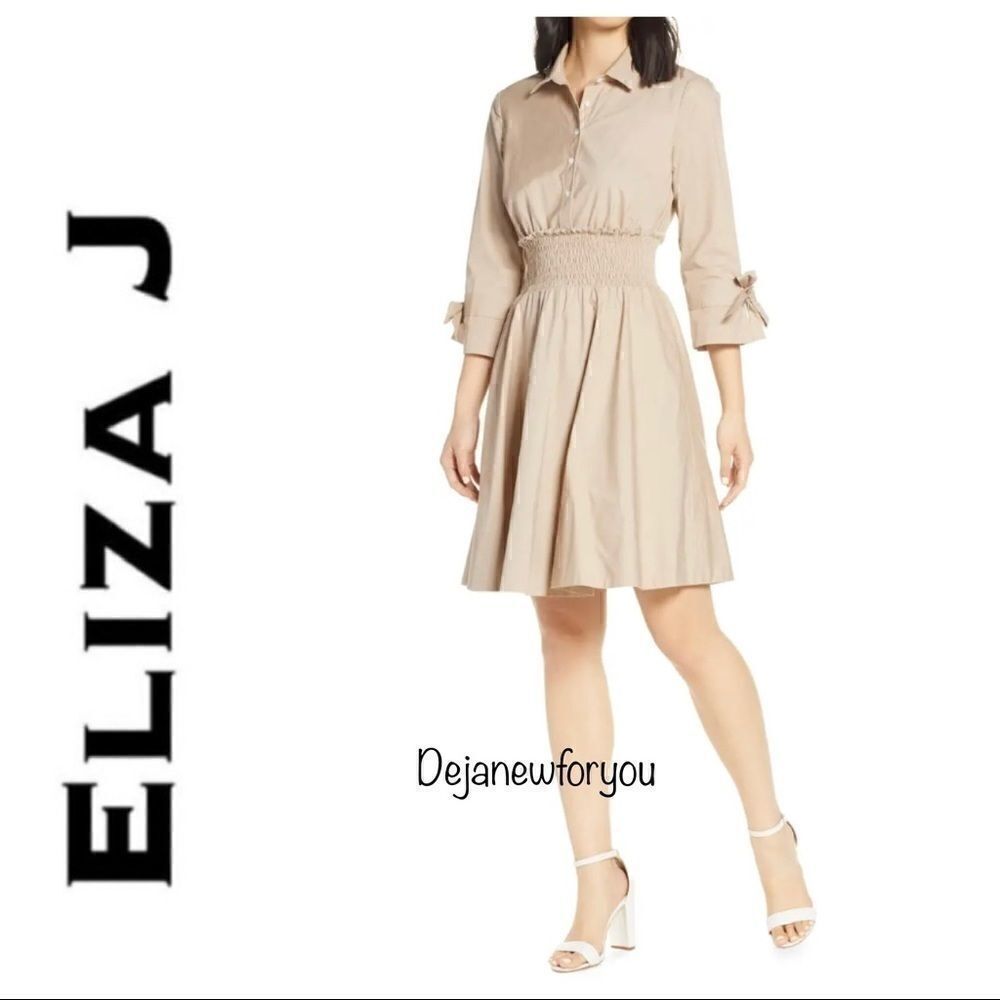 ELIZA J SMOCKED WAIST KHAKI POPLIN SHIRTDRESS